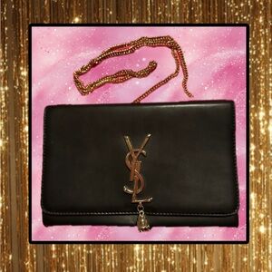 Vegan Leather Black Crossbody Bag with Gold Chain & Logo NWOT
